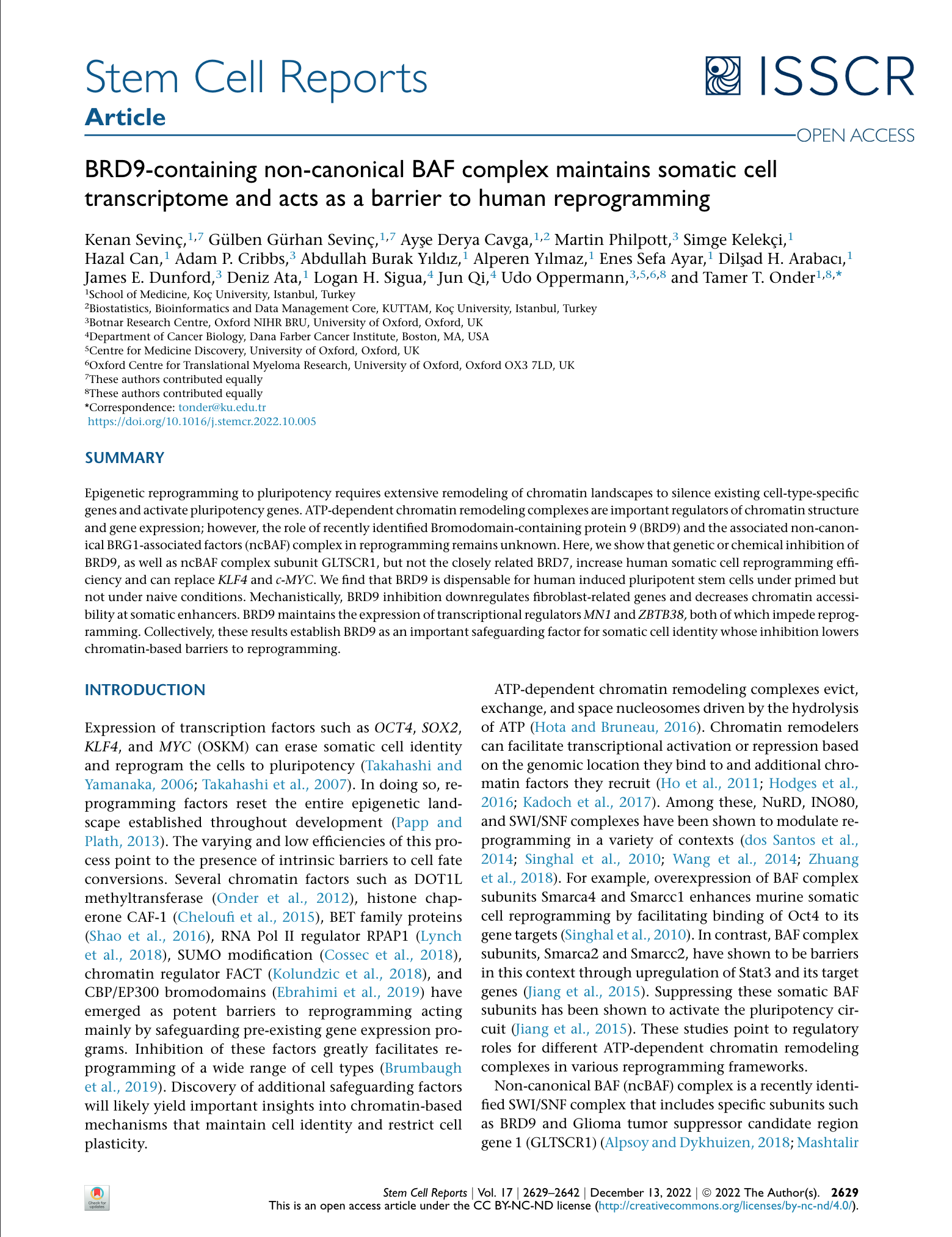 BRD9-containing non-canonical BAF complex maintains somatic cell transcriptome and acts as a barrier to human reprogramming